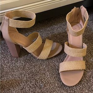 Chic Beige and Tan Block Heel Sandals